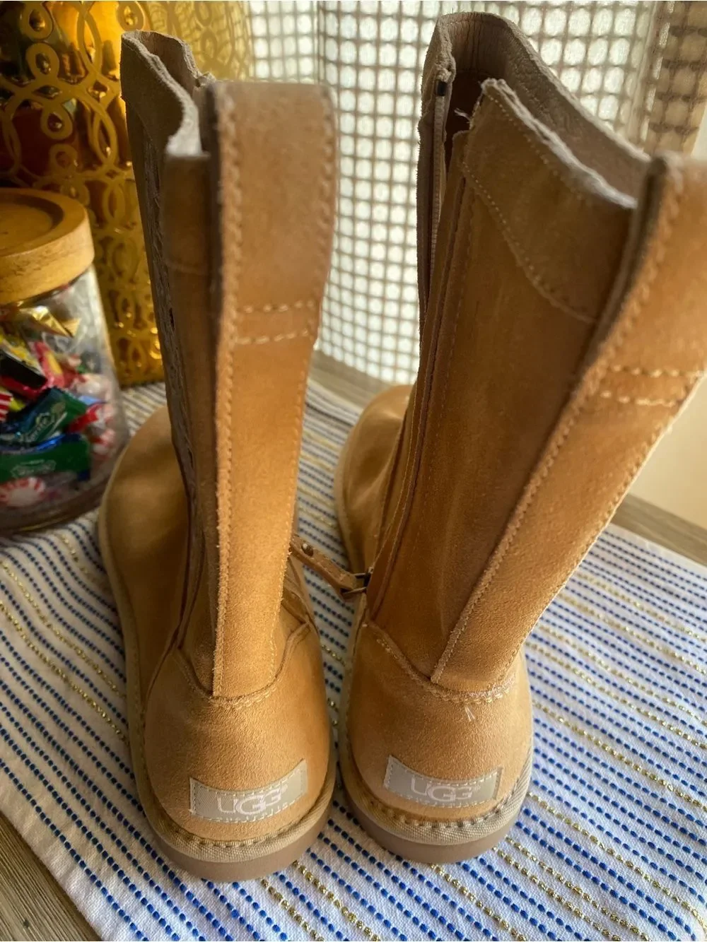 Women’s Suede Mid-Calf Boot with Floral Cutout Tan Sz 11 NWT